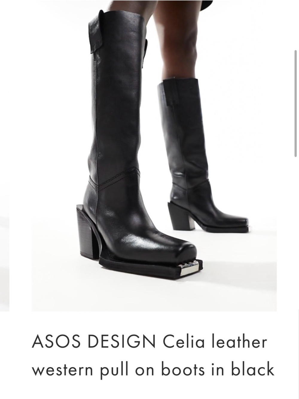 ASOS black leather western style mid calf boot with silver detail